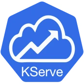 The KServe logo is a blue heptagon with a white cloud outlined in the center. Inside the cloud is a rising chart arrow with climbs to the upper right and ends in an arrow. Under the cloud but still inside the heptagon is a thin, white "KServe" text.