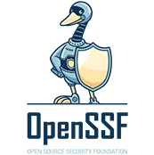 The OpenSSF logo is a blue duck robot carrying a golden shield. Underneath is the text "OpenSSF".