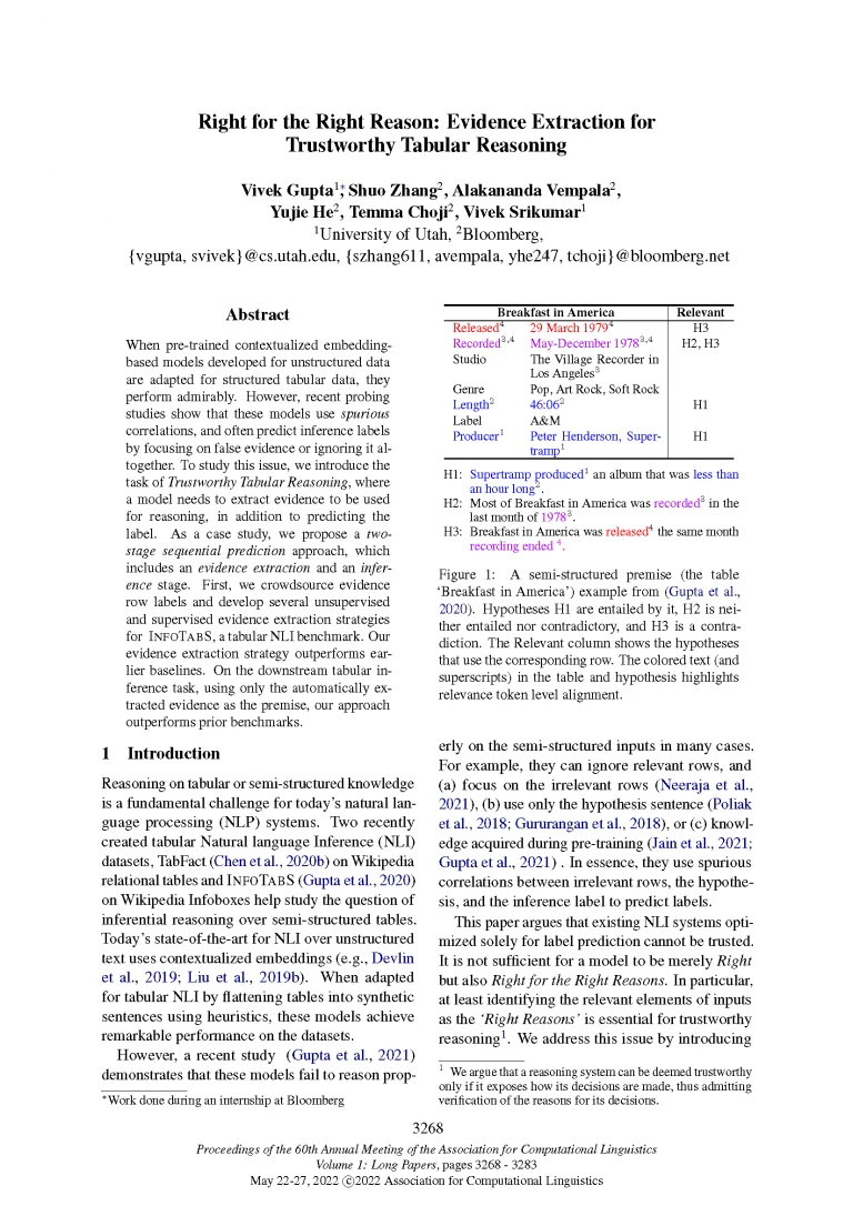 Front page of paper published at ACL 2022 titled "Right for the Right Reason: Evidence Extraction for Trustworthy Tabular Reasoning."