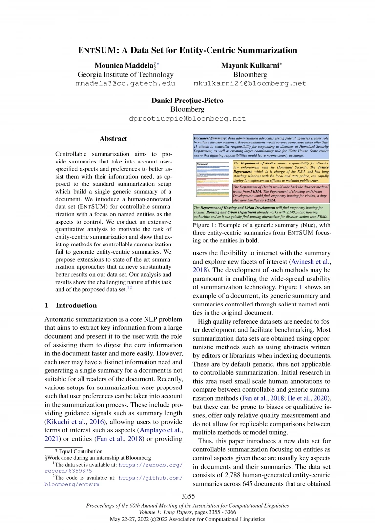 2022.acl-long.237-EntSUM_Page_01 Front page of paper published at ACL 2022 titled "ENTSUM: A Data Set for Entity-Centric Summarization"