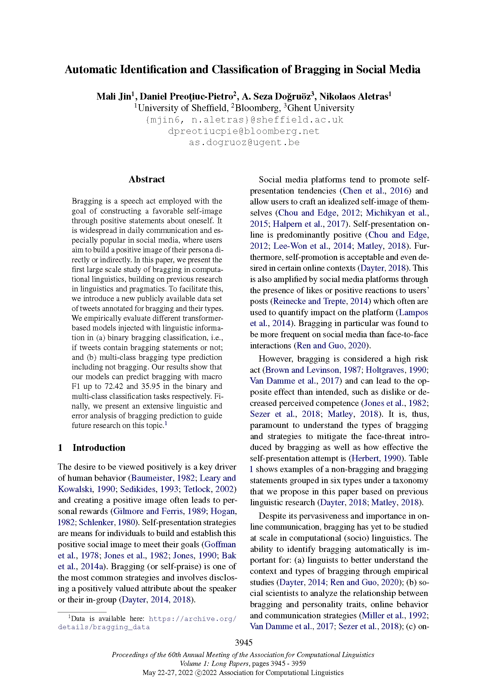 Front page of paper published at ACL 2022 titled "Automatic Identification and Classification of Bragging in Social Media."