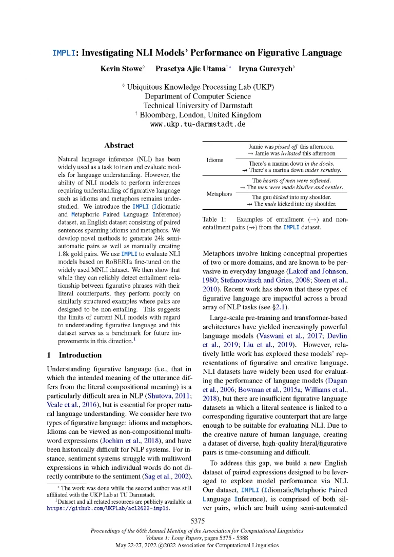 2022.acl-long.369-IMPLI_Page_01 Front page of paper published at ACL 2022 titled "IMPLI: Investigating NLI Models’ Performance on Figurative Language."