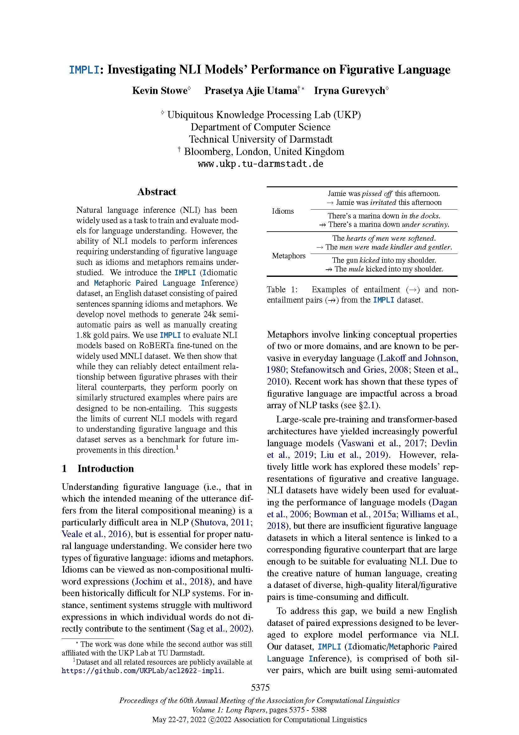 Front page of paper published at ACL 2022 titled "IMPLI: Investigating NLI Models’ Performance on Figurative Language."
