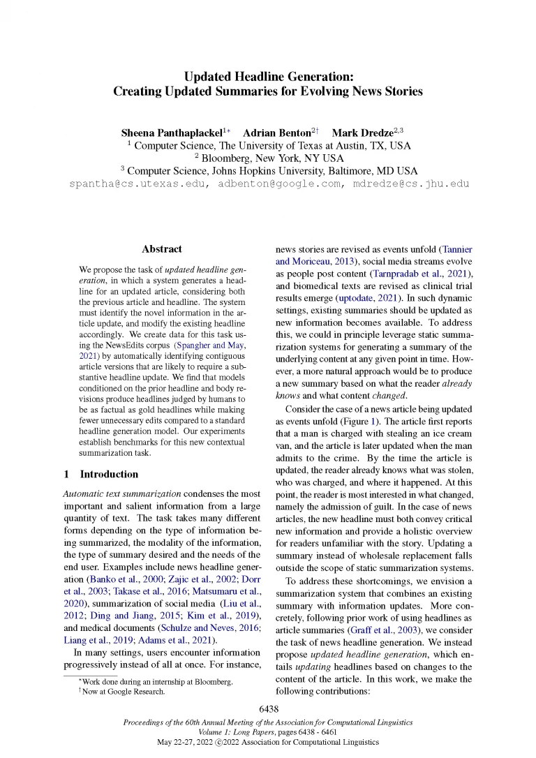 Front page of paper published at ACL 2022 titled "Updated Headline Generation: Creating Updated Summaries for Evolving News Stories."