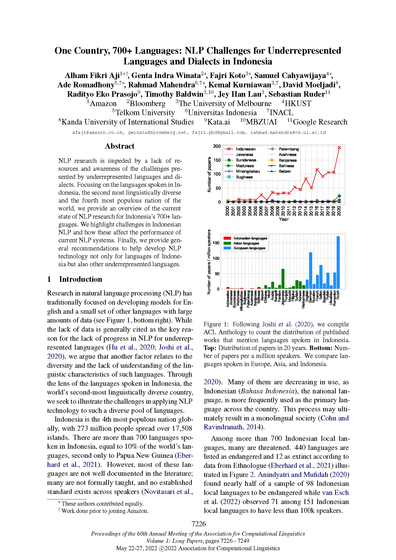 Front page of paper published at ACL 2022 titled "One Country, 700+ Languages: NLP Challenges for Underrepresented Languages and Dialects in Indonesia."