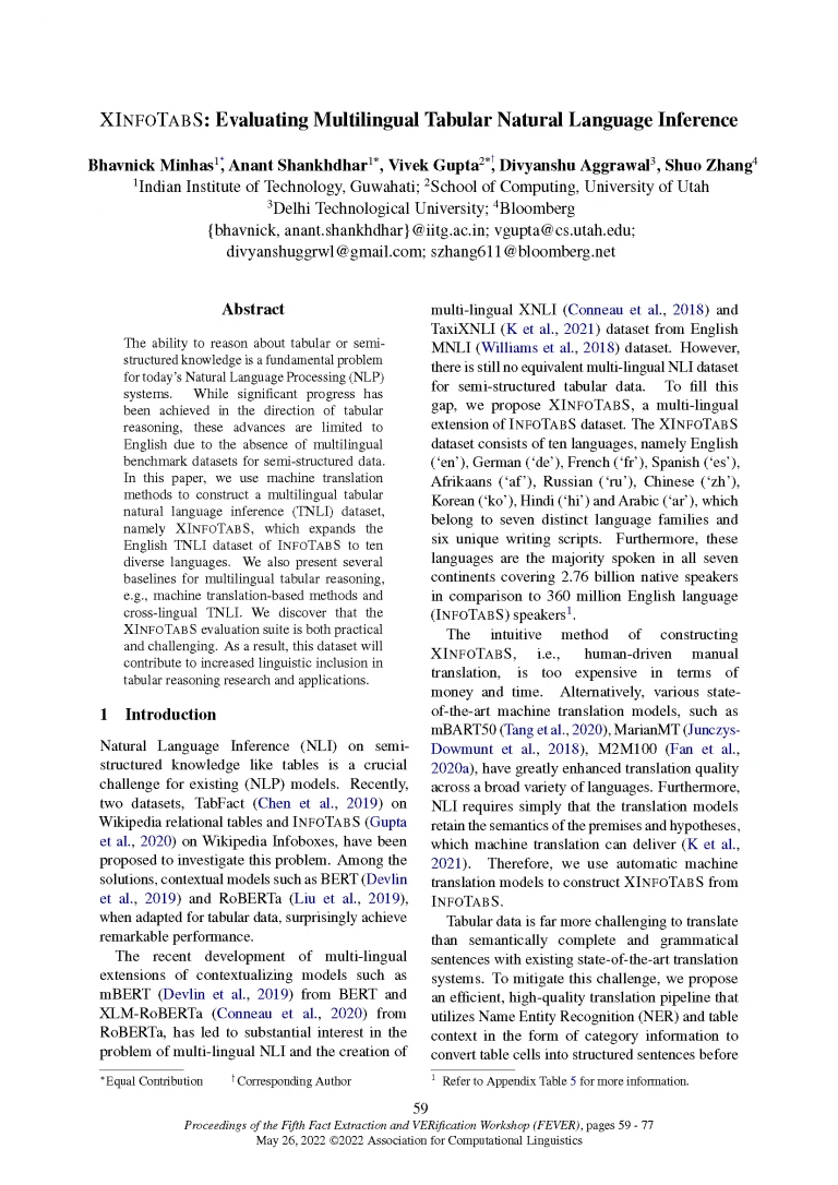2022.fever-1.7_Page_01 Front page of paper published during the Fact Extraction and VERification (FEVER) Workshop at ACL 2022 titled "XInfoTabS: Evaluating Multilingual Tabular Natural Language Inference."