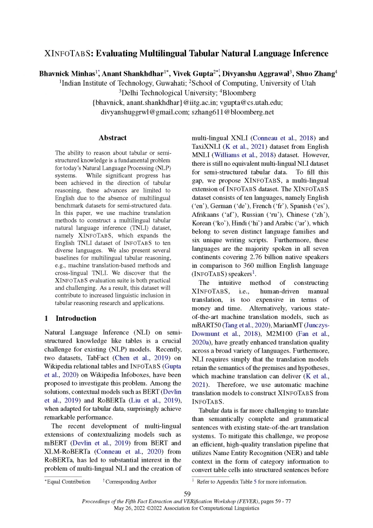 Front page of paper published during the Fact Extraction and VERification (FEVER) Workshop at ACL 2022 titled "XInfoTabS: Evaluating Multilingual Tabular Natural Language Inference."