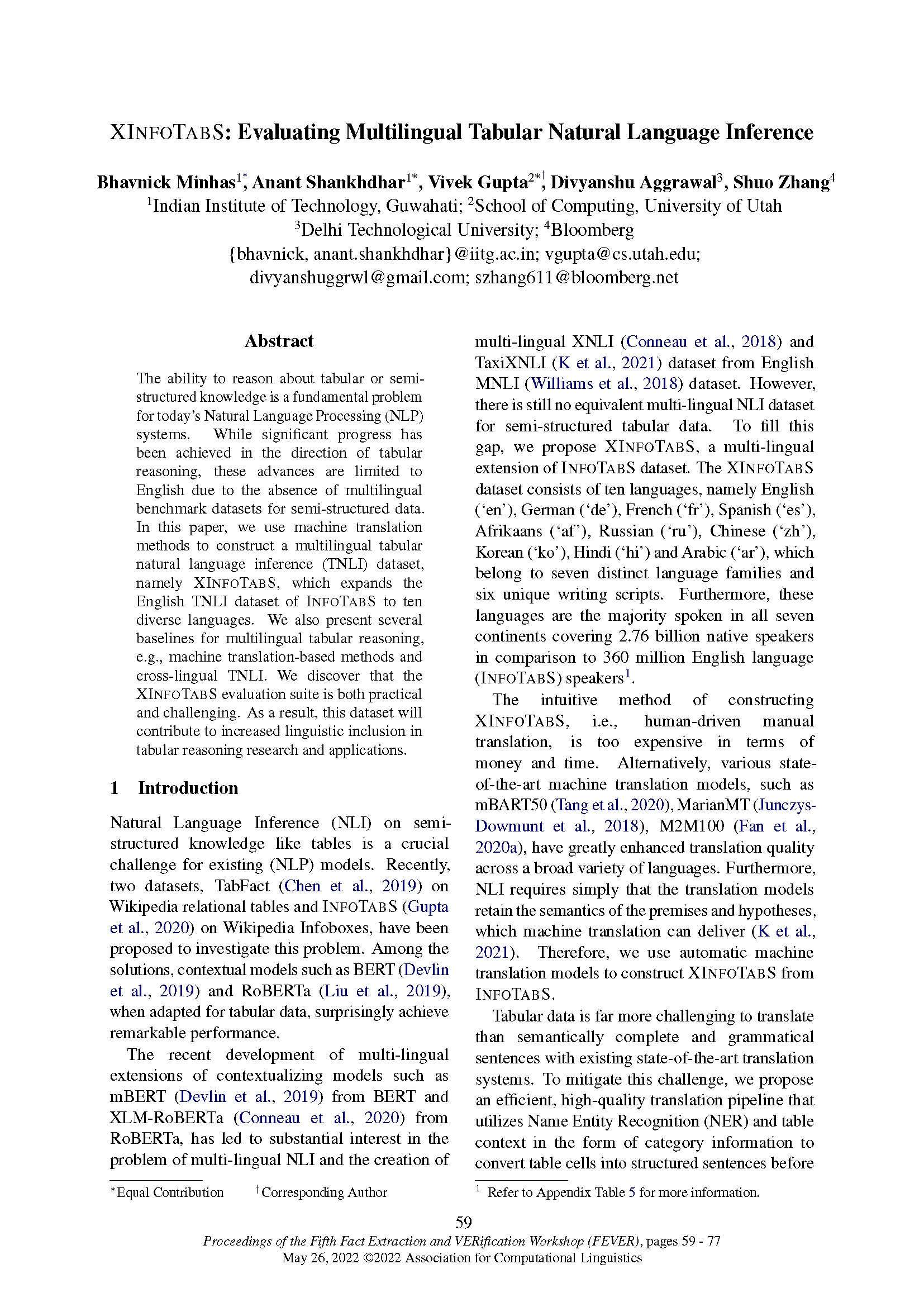 Front page of paper published during the Fact Extraction and VERification (FEVER) Workshop at ACL 2022 titled "XInfoTabS: Evaluating Multilingual Tabular Natural Language Inference."