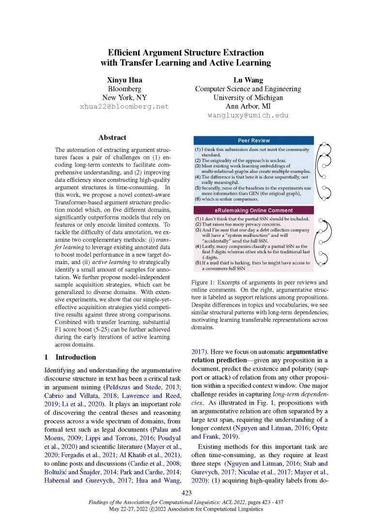 2022.findings-acl.36_Page_01 Front page of paper published in 'Findings of the Association for Computational Linguistics: ACL 2022' titled "Efficient Argument Structure Extraction with Transfer Learning and Active Learning."