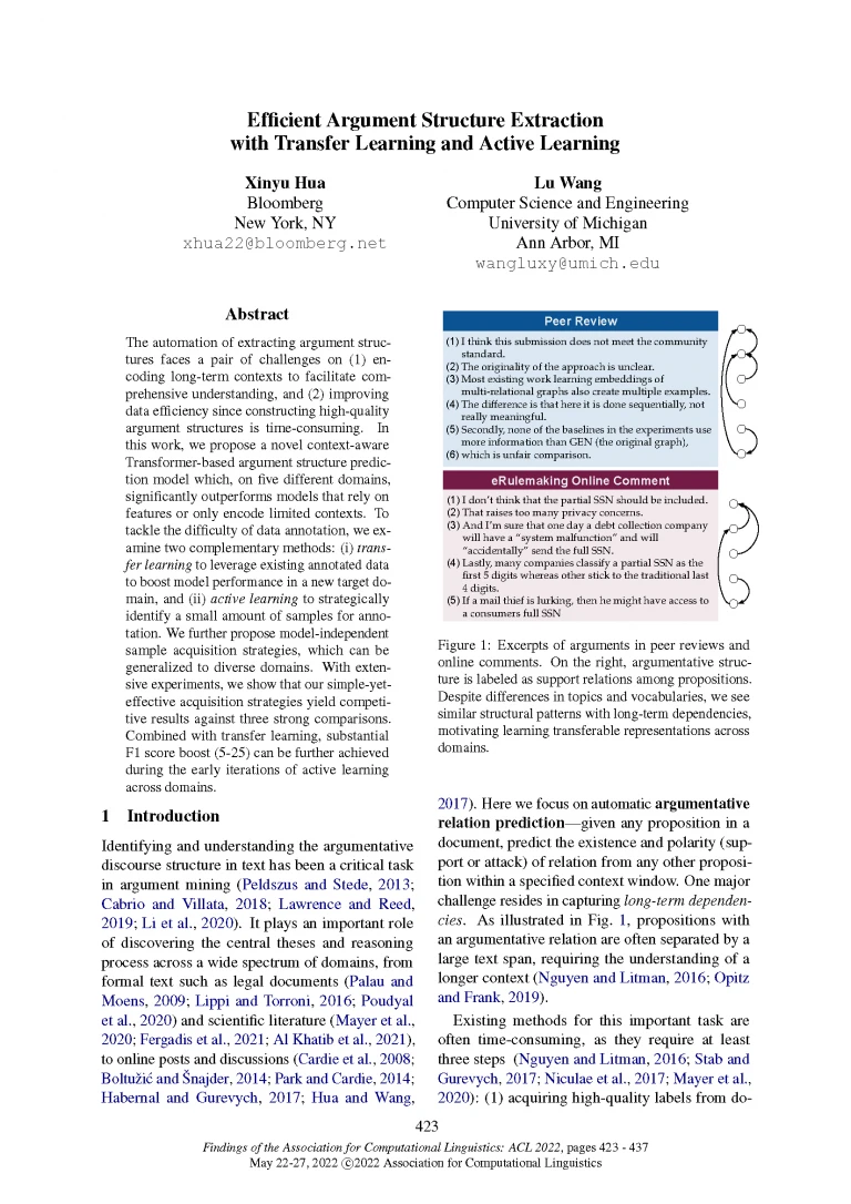 Front page of paper published in 'Findings of the Association for Computational Linguistics: ACL 2022' titled "Efficient Argument Structure Extraction with Transfer Learning and Active Learning."