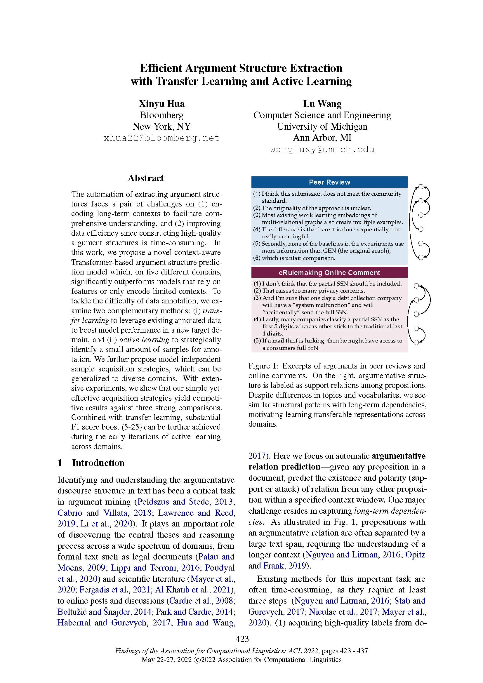 Front page of paper published in 'Findings of the Association for Computational Linguistics: ACL 2022' titled "Efficient Argument Structure Extraction with Transfer Learning and Active Learning."