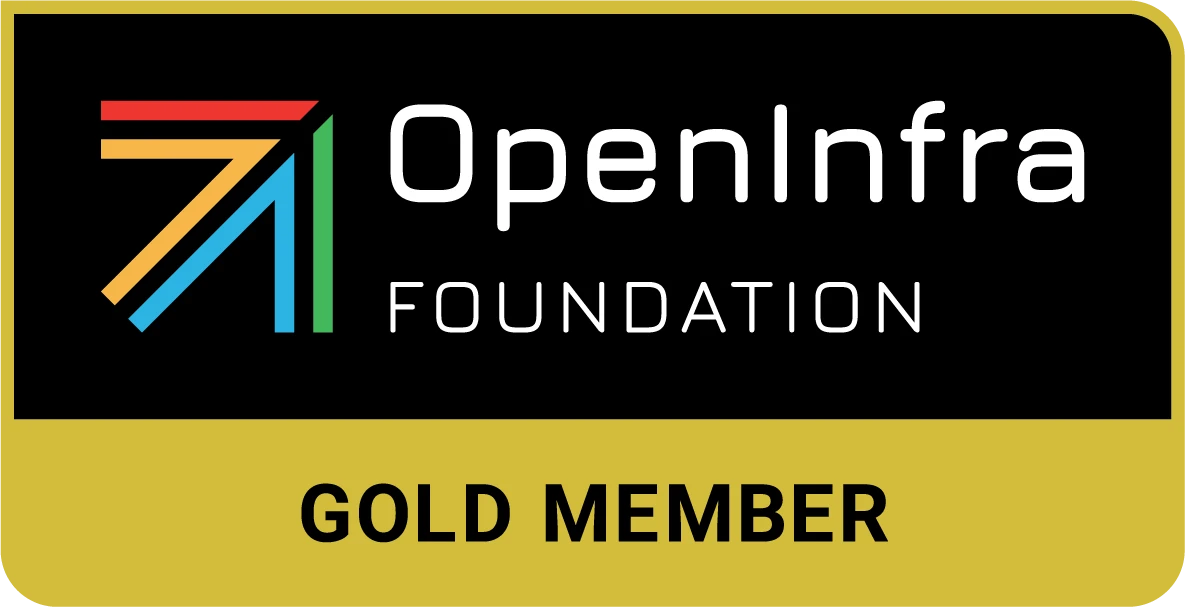 The Open Open Infrastructure Foundation logo is a black rectangle with the words OpenInfra Foundation in white on the right side of an arrow pointing up and to the right made up of red, green, blue and orange elements. Underneath the black box is a gold rectangle with the words "Gold Member" in black text.