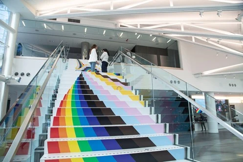 Pride-1 Pride flag branded stairs to celebrate Bloomberg's commitment to affirming LGBTQ+ identities