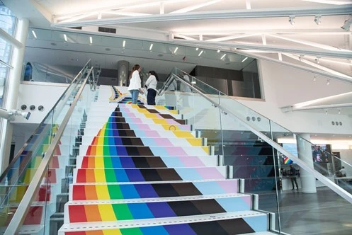 Pride flag branded stairs to celebrate Bloomberg's commitment to affirming LGBTQ+ identities