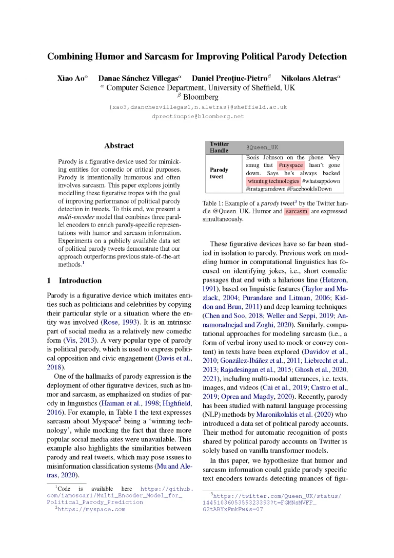 2022_NAACL_Xiao_parody_5_2_2022_Page_1 Front page of paper published at NAACL 2022 titled "Combining Humor and Sarcasm for Improving Political Parody Detection"