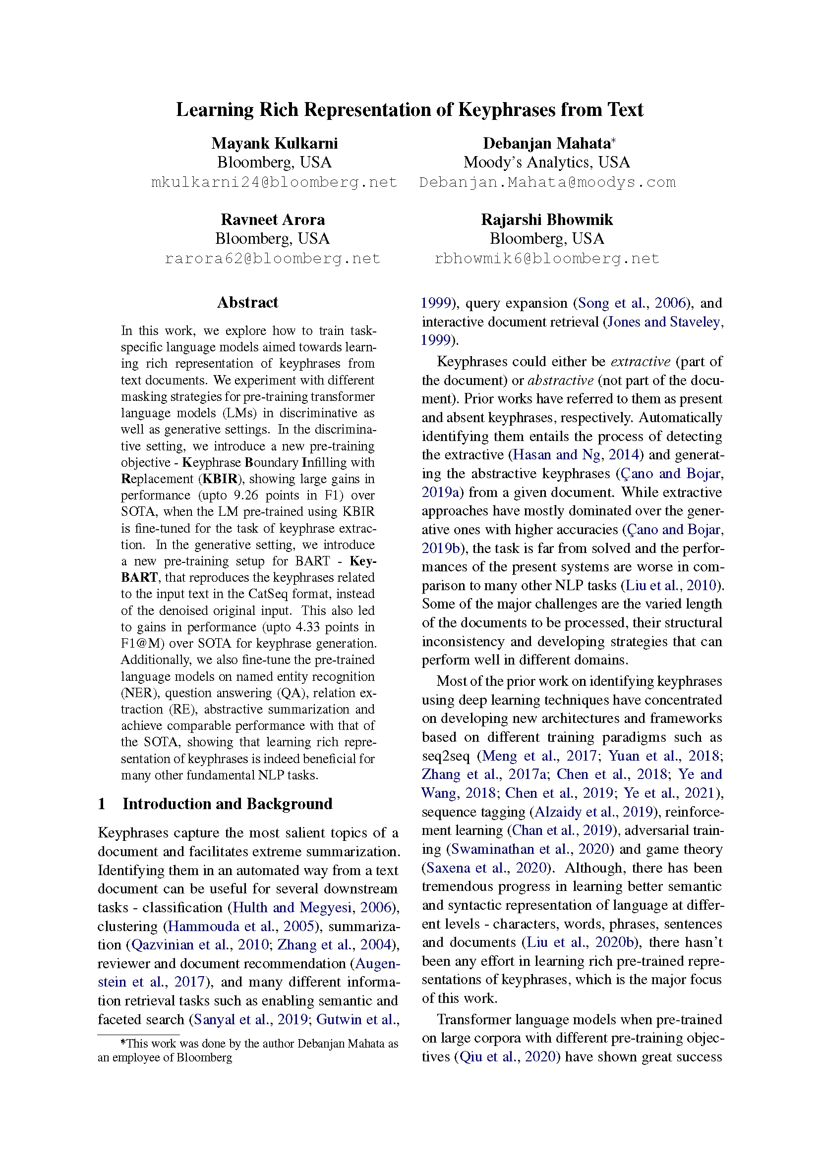 Front page of paper published at NAACL 2022 titled "Learning Rich Representation of Keyphrases from Text"