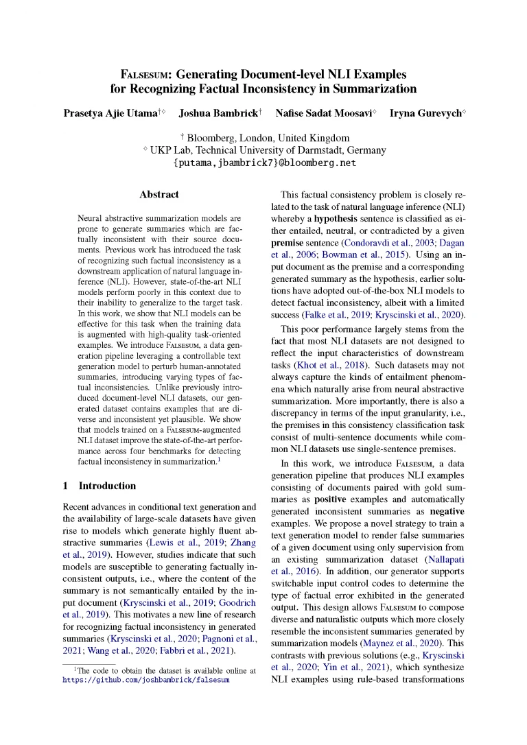 falsesum.camera-ready.latest_Page_01 Front page of paper published at NAACL 2022 titled "Falsesum: Generating Document-level NLI Examples for Recognizing Factual Inconsistency in Summarization"