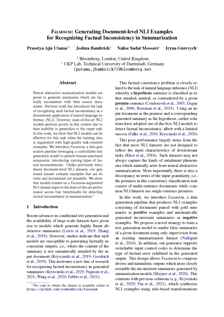 Front page of paper published at NAACL 2022 titled "Falsesum: Generating Document-level NLI Examples for Recognizing Factual Inconsistency in Summarization"