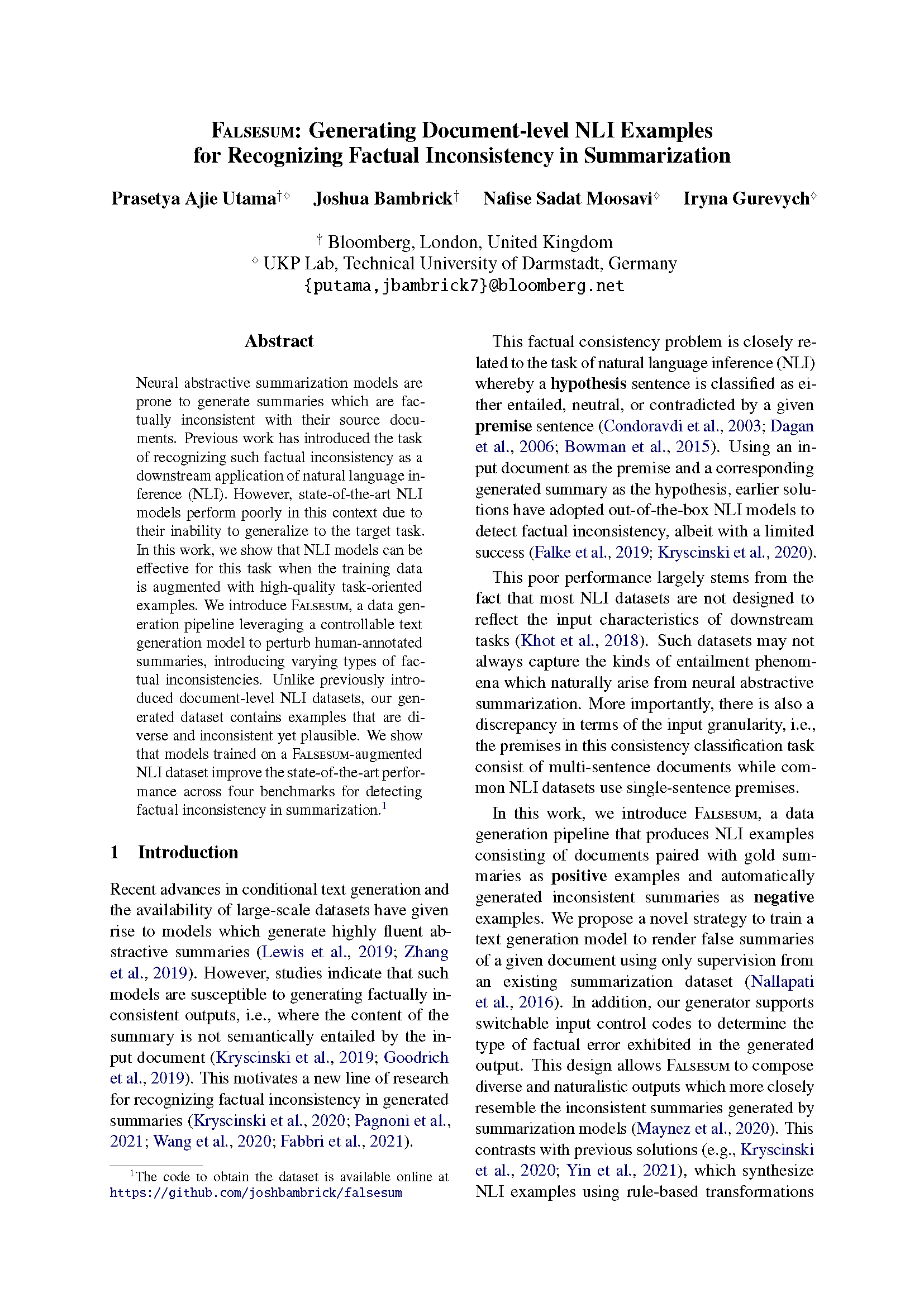 Front page of paper published at NAACL 2022 titled "Falsesum: Generating Document-level NLI Examples for Recognizing Factual Inconsistency in Summarization"