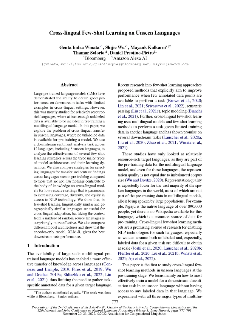 AACL-IJCNLP-2022-Cross-lingual-Few-Shot-Learning-on-Unseen-Languages_Page_01 Front page of paper published at AACL-IJCNLP 2022 titled "Cross-lingual Few-Shot Learning on Unseen Languages."