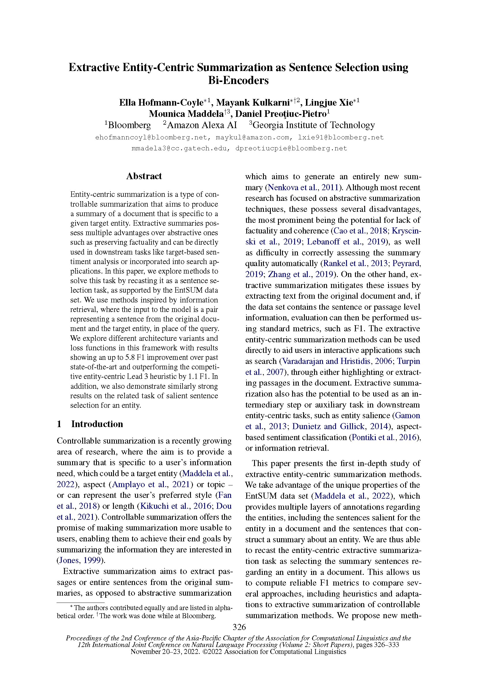 Front page of paper published at AACL-IJCNLP 2022 titled "Extractive Entity-Centric Summarization as Sentence Selection using Bi-Encoders."