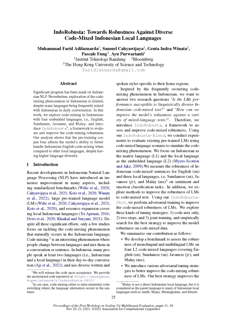 SUMEval6-IndoRobusta_Towards-Robustness-Against-Diverse-Code-Mixed-Indonesian-Local-Languages_Page_01 Front page of paper published at SumEval Workshop at AACL-IJCNLP 2022 titled "IndoRobusta: Towards Robustness Against Diverse Code-Mixed Indonesian Local Languages."