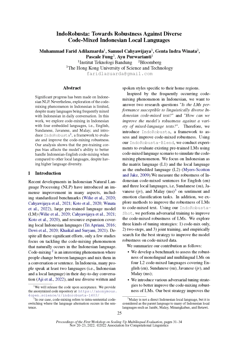 Front page of paper published at SumEval Workshop at AACL-IJCNLP 2022 titled "IndoRobusta: Towards Robustness Against Diverse Code-Mixed Indonesian Local Languages."