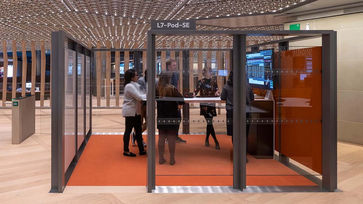 In-Bloombergs-London-headquarters-any-team-can-hop-quickly-into-a-pod-for-a-stand-up-session In addition to collaboration spaces, huddle pods give teams a great place to meet up and have a daily stand-up session.