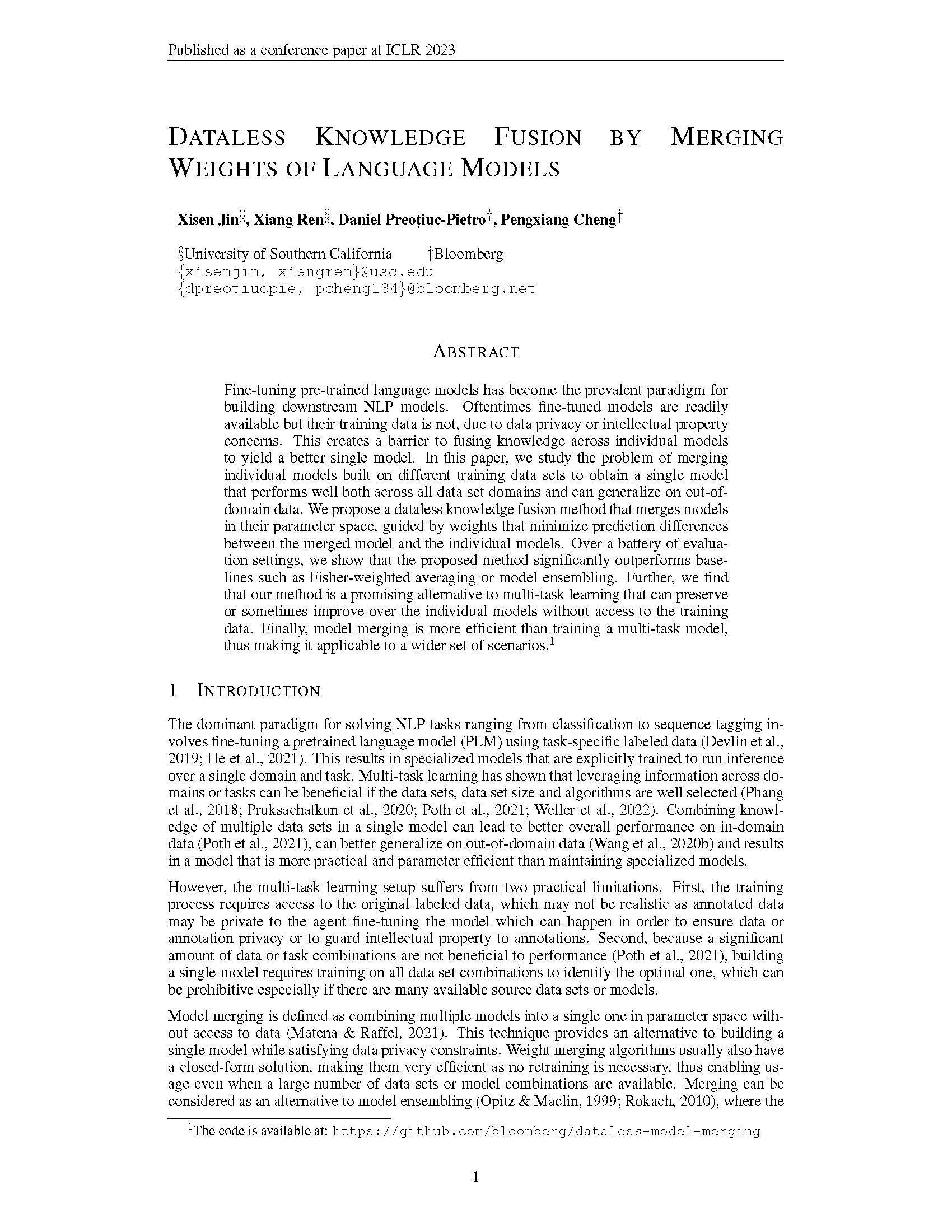 Front page of ICLR 2023 paper "Dataless Knowledge Fusion by Merging Weights of Language Models"