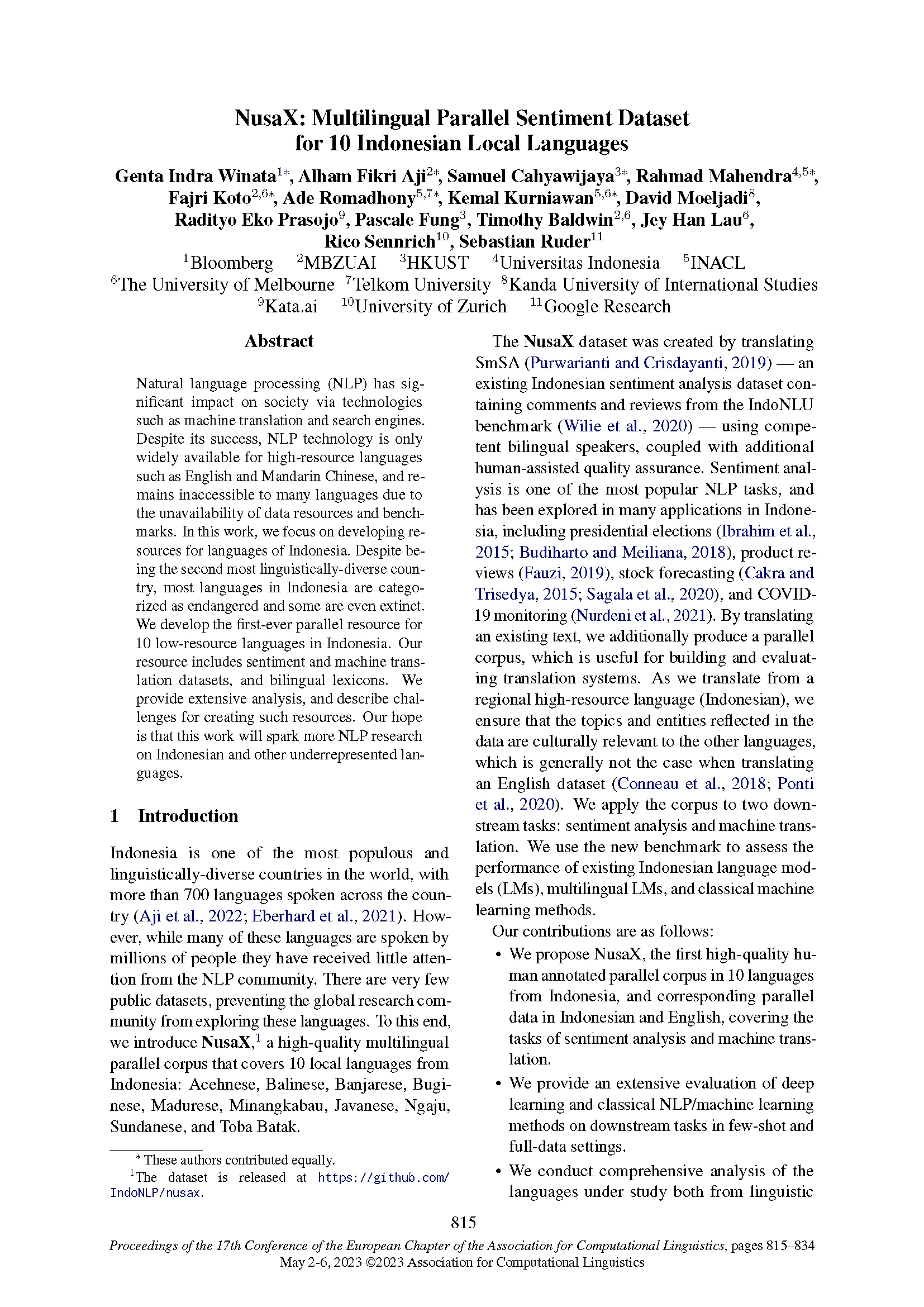 2023.eacl-main.57_Page_01 Front page of EACL 2023 paper "NusaX: Multilingual Parallel Sentiment Dataset for 10 Indonesian Local Languages"