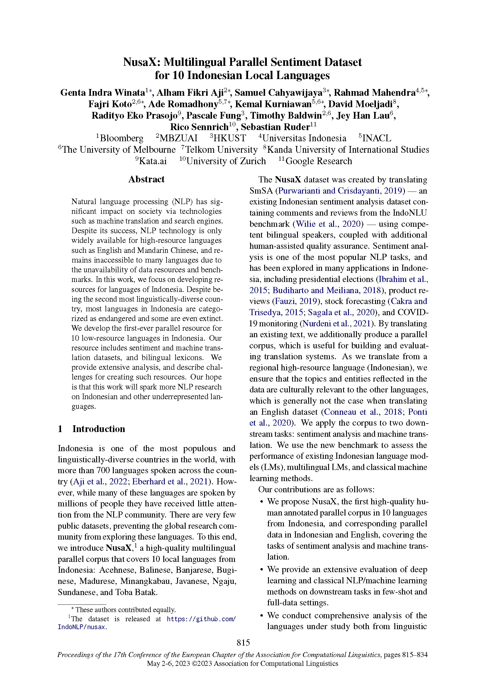 Front page of EACL 2023 paper "NusaX: Multilingual Parallel Sentiment Dataset for 10 Indonesian Local Languages"