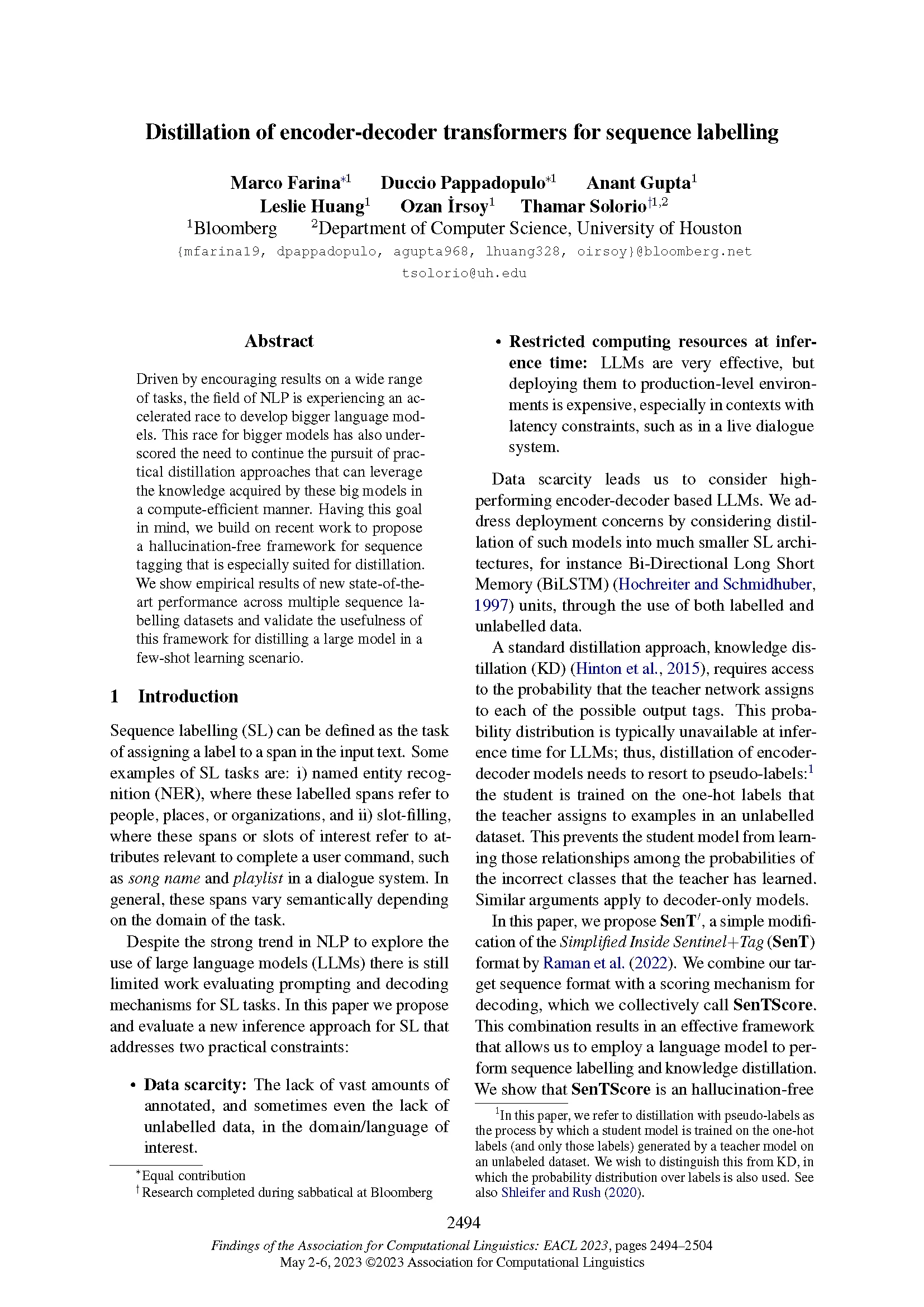 2023.findings-eacl.192_Page_01 Front page of Findings of EACL 2023 paper "Distillation of encoder-decoder transformers for sequence labeling"