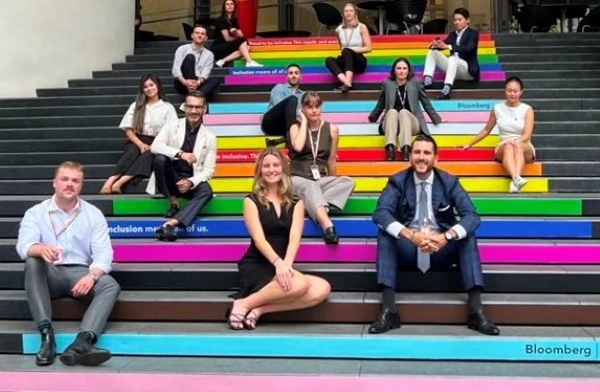 Aus-Steps1 Employees at the Bloomberg office in Sydney show off their Pride steps during World Pride earlier this year.