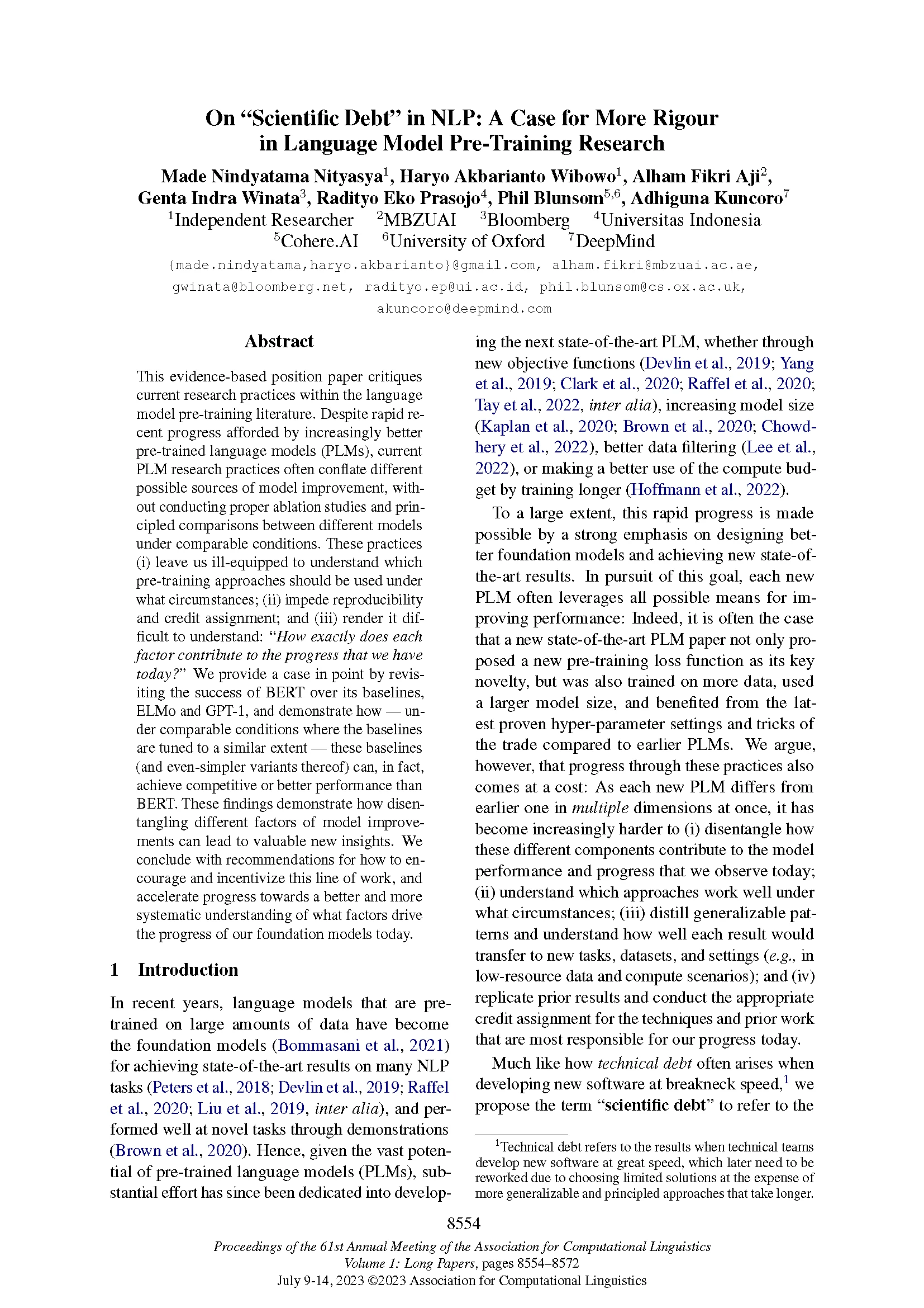 2023.acl-long.477-On-“Scientific-Debt”-in-NLP_A-Case-for-More-Rigour-in-Language-Model-Pre-Training-Research_Page_01 Front page of ACL 2023 paper "On "Scientific Debt" in NLP: A Case for More Rigour in Language Model Pre-Training Research"