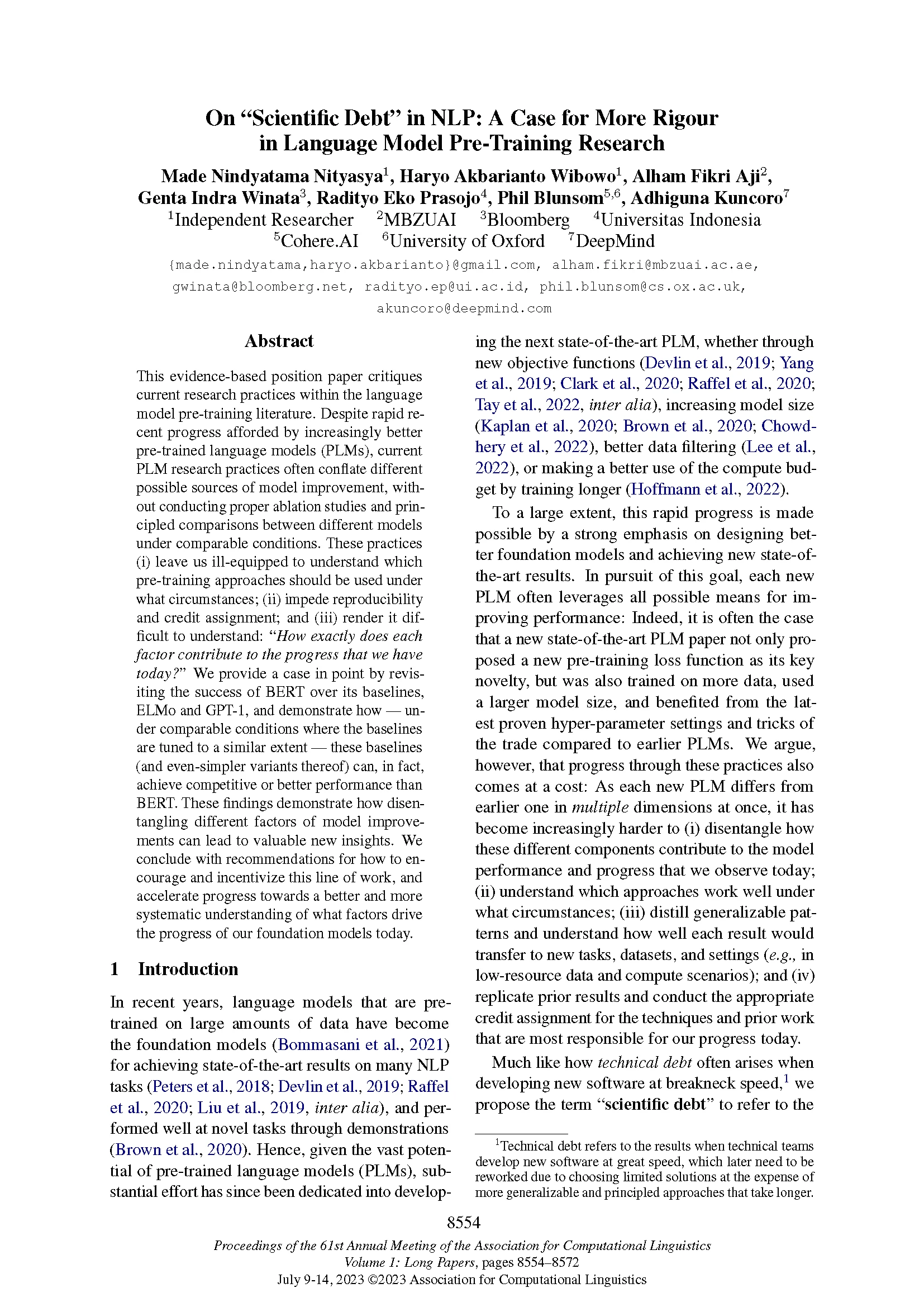 Front page of ACL 2023 paper "On "Scientific Debt" in NLP: A Case for More Rigour in Language Model Pre-Training Research"
