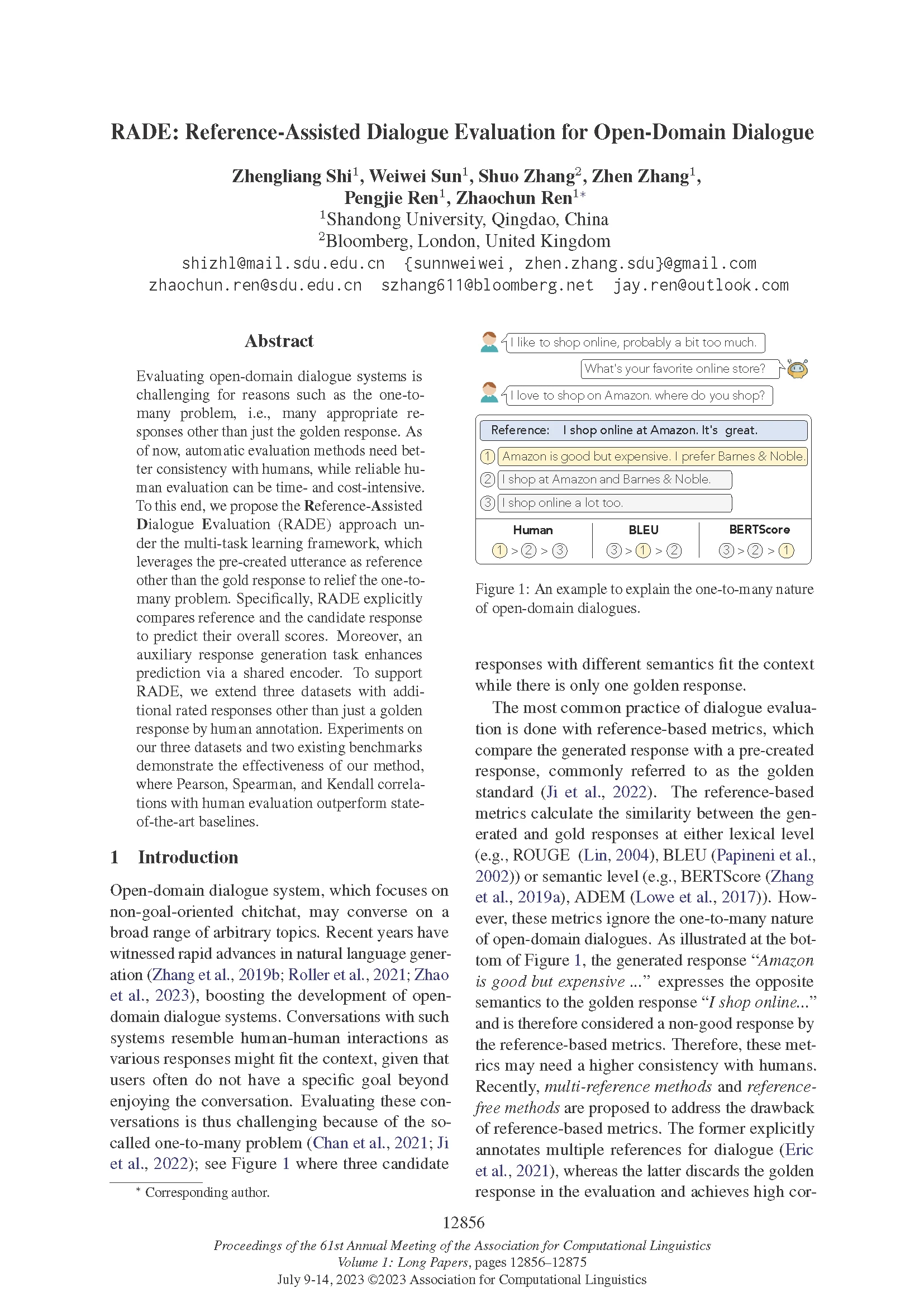 Front page of ACL 2023 paper "RADE: Reference-Assisted Dialogue Evaluation for Open-Domain Dialogue"