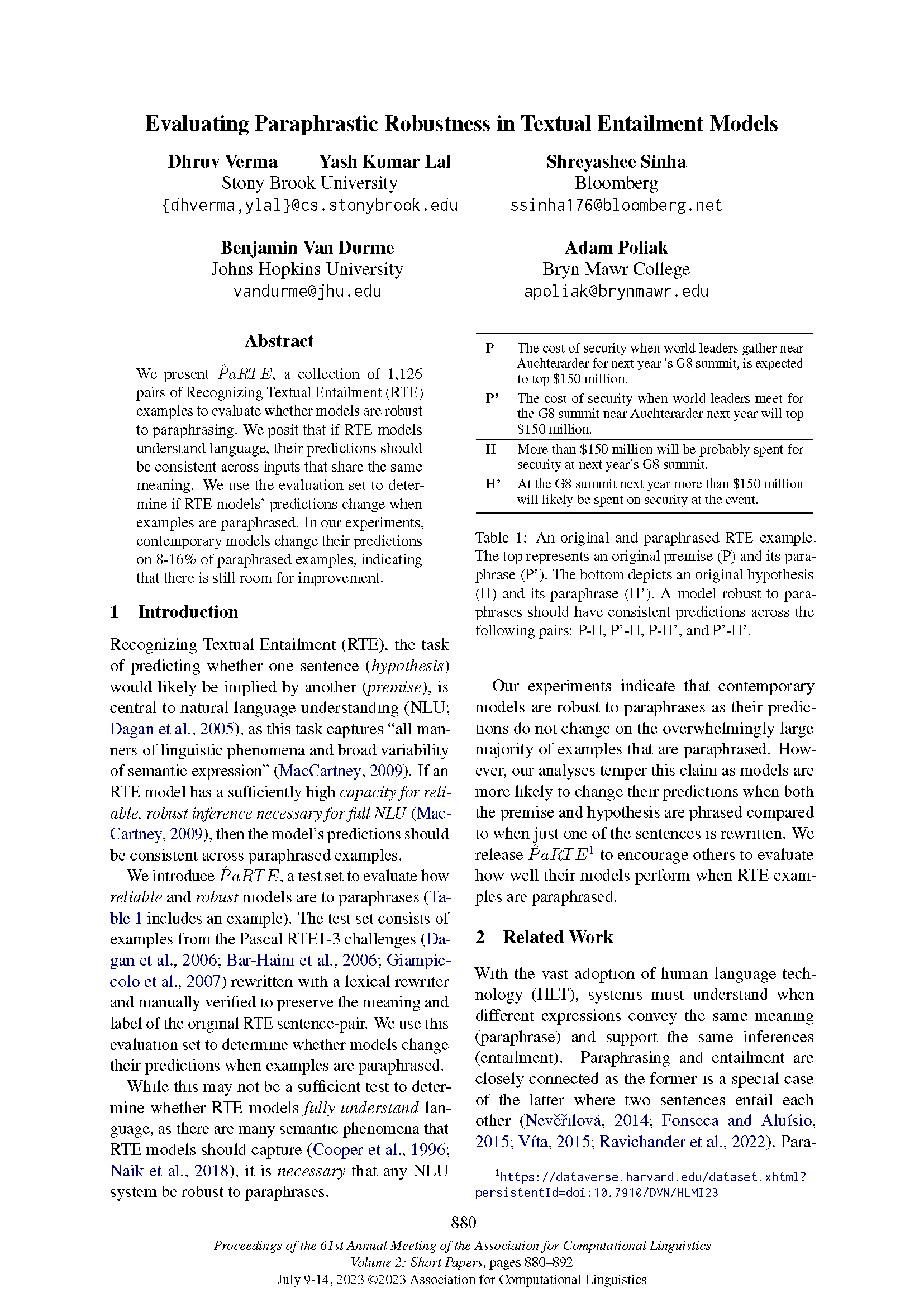 Front page of ACL 2023 paper "Evaluating Paraphrastic Robustness in Textual Entailment Models"