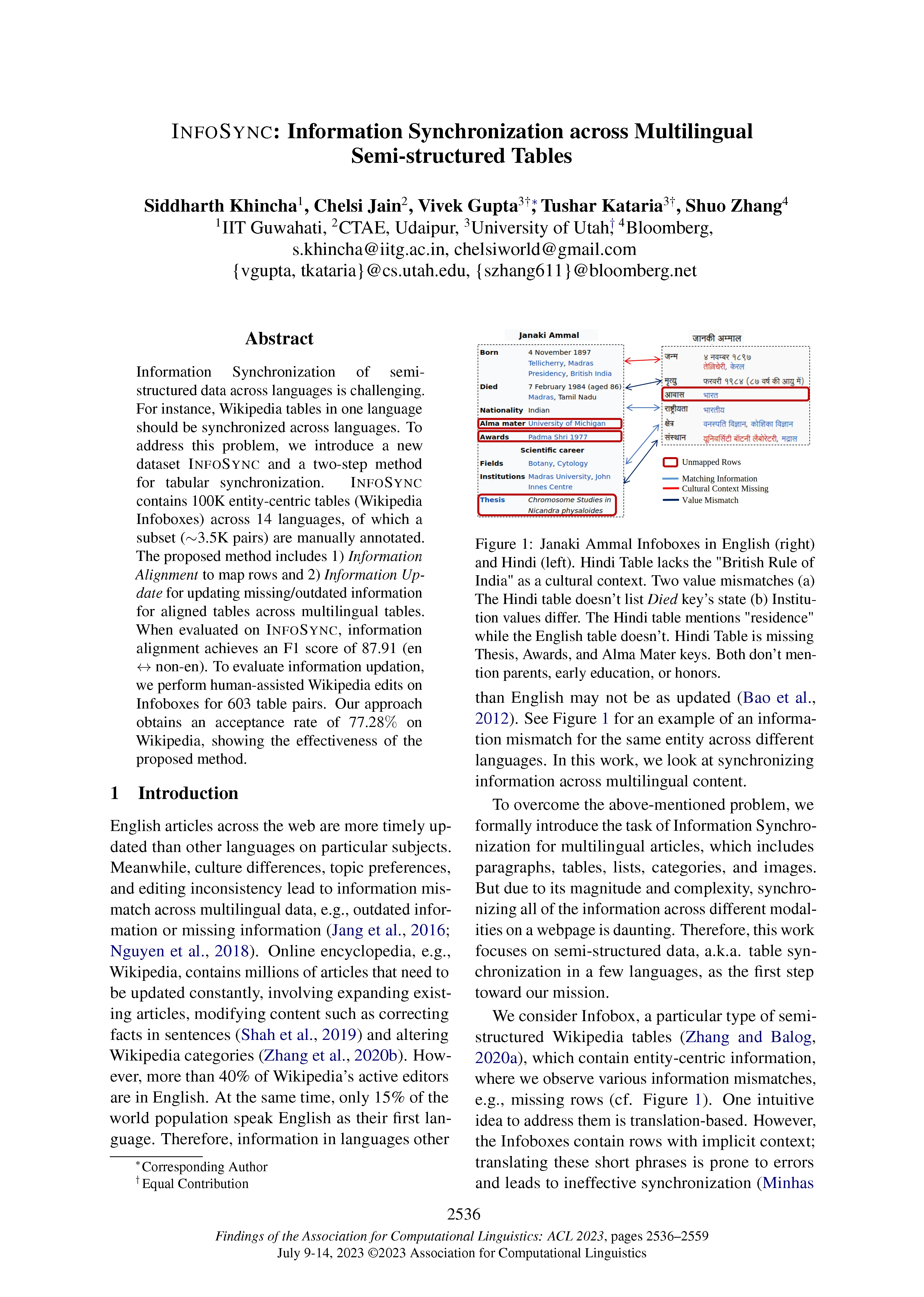 Front page of Findings of the ACL 2023 paper "InfoSync: Information Synchronization across Multilingual Semi-structured Tables"