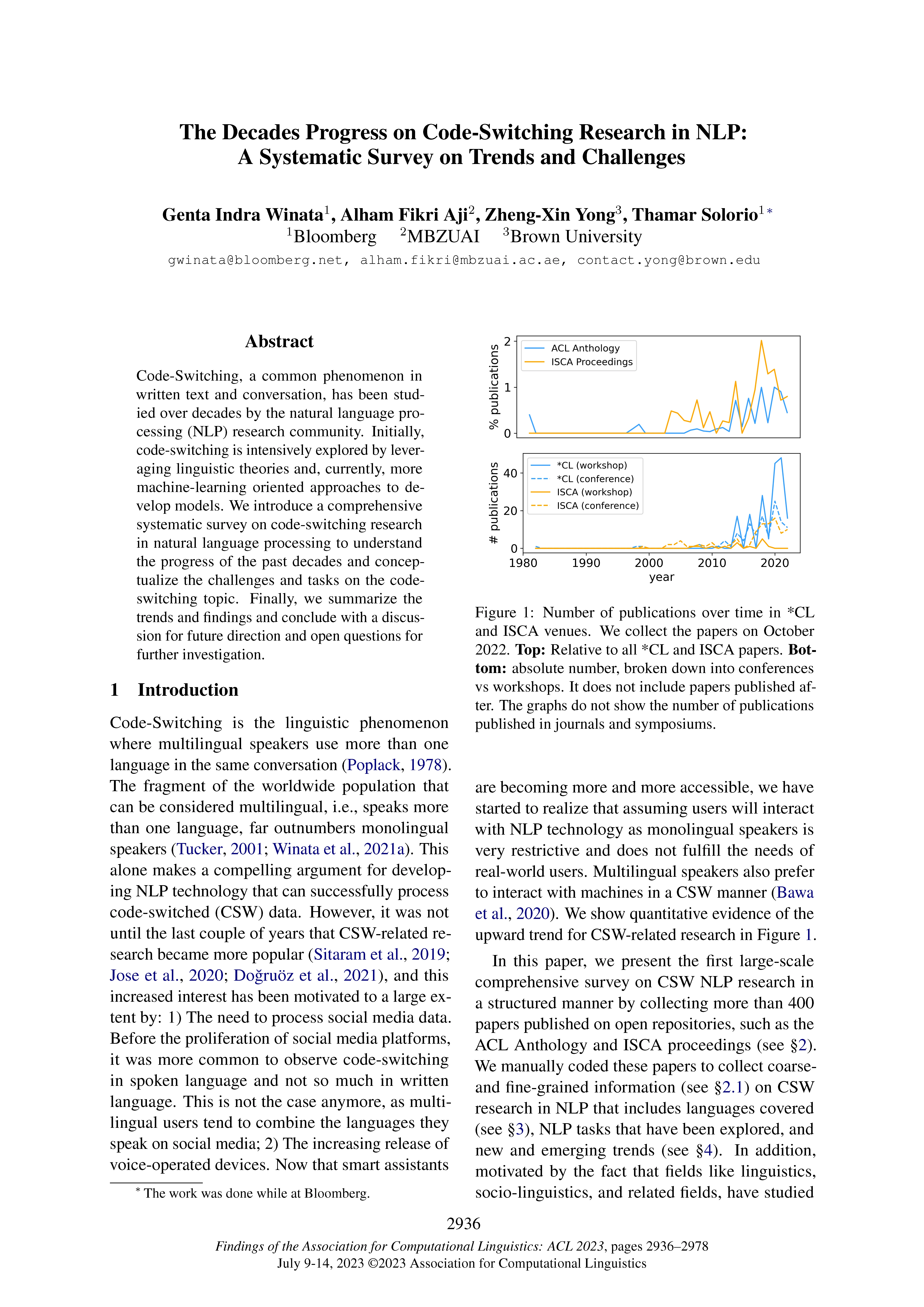 Front page of Findings of the ACL 2023 paper "The Decades Progress on Code-Switching Research in NLP: A Systematic Survey on Trends and Challenges"