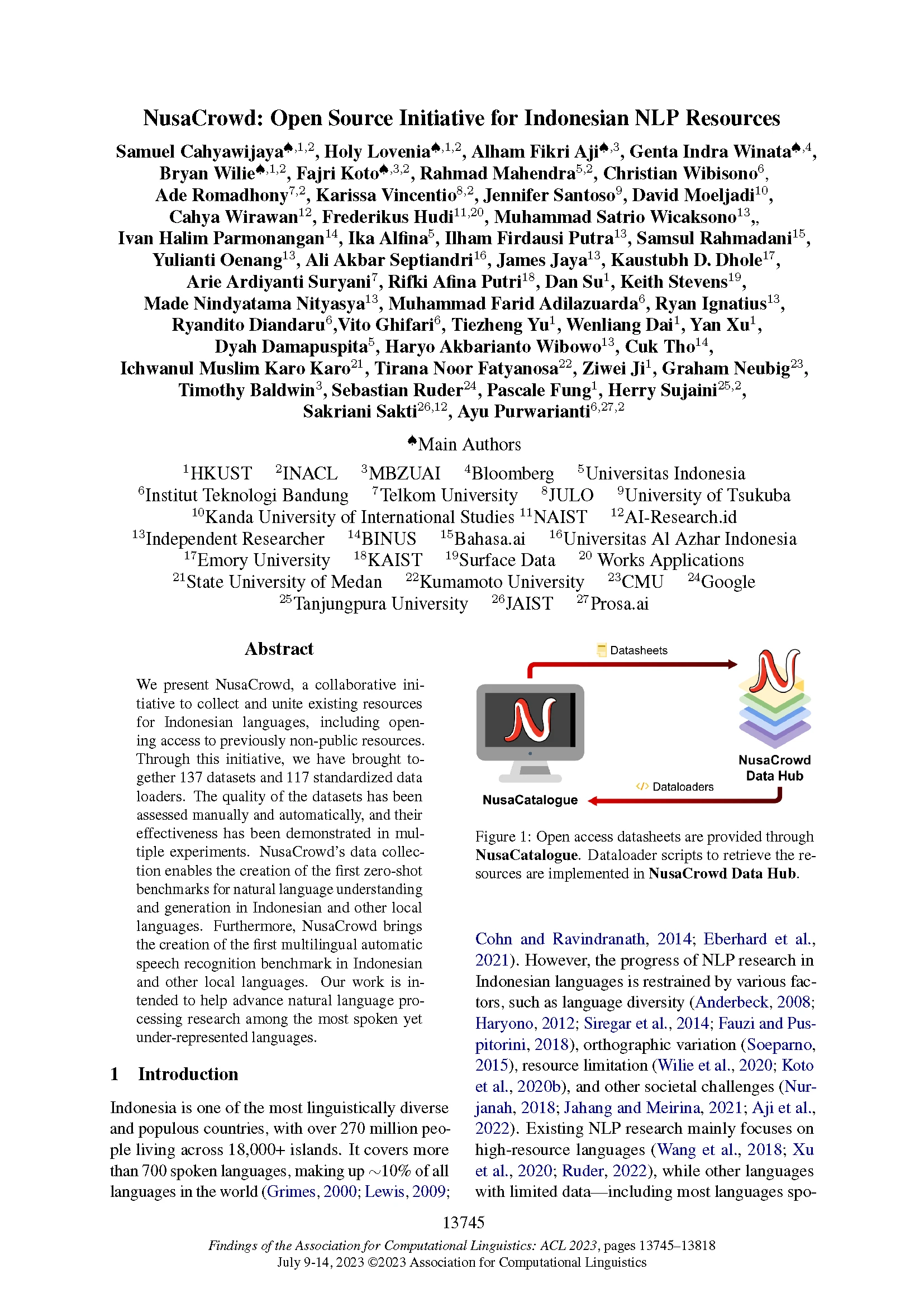 2023.findings-acl.868-NusaCrowd_Page_01 Front page of Findings of the ACL 2023 paper "NusaCrowd: Open Source Initiative for Indonesian NLP Resources"