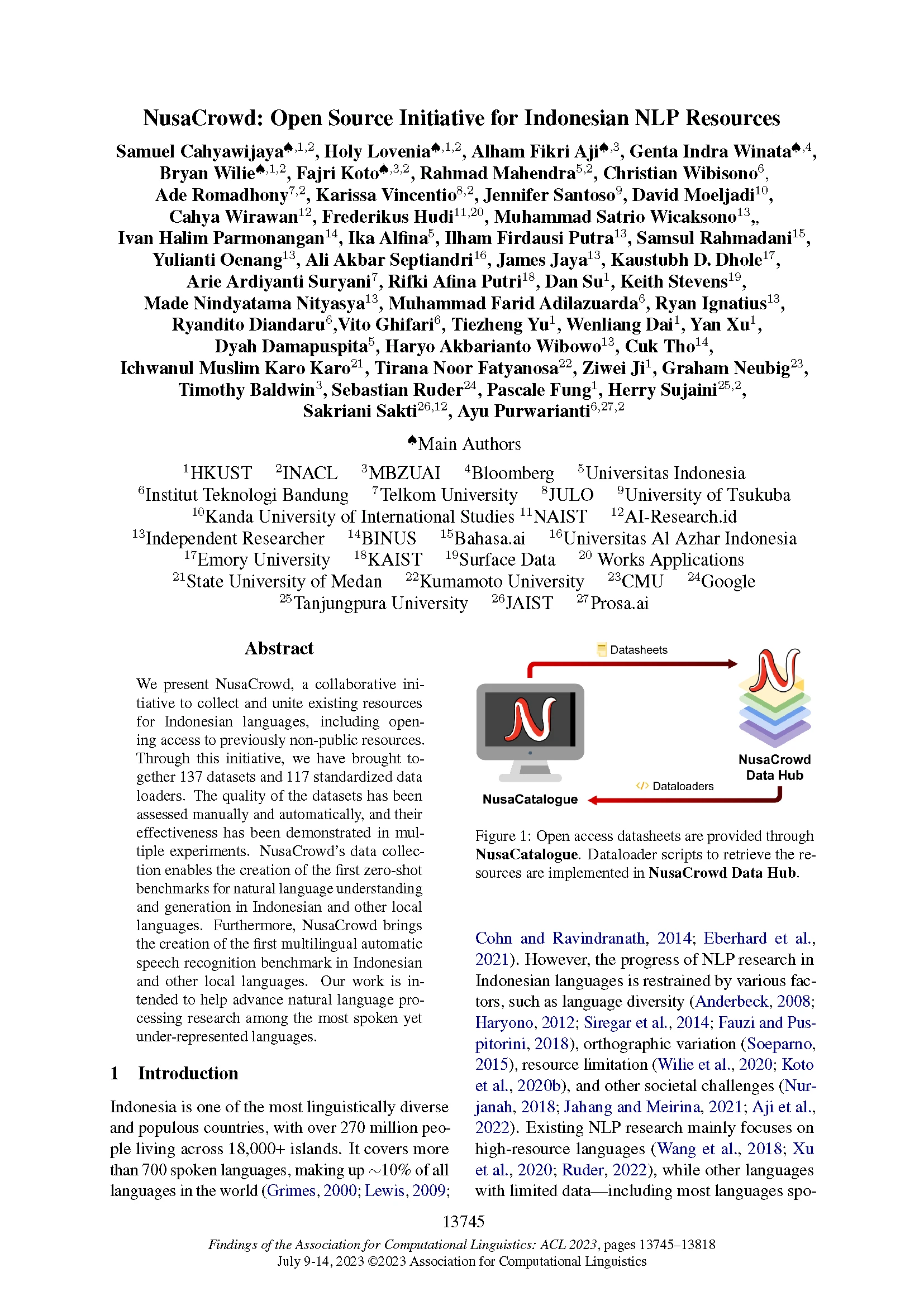 Front page of Findings of the ACL 2023 paper "NusaCrowd: Open Source Initiative for Indonesian NLP Resources"