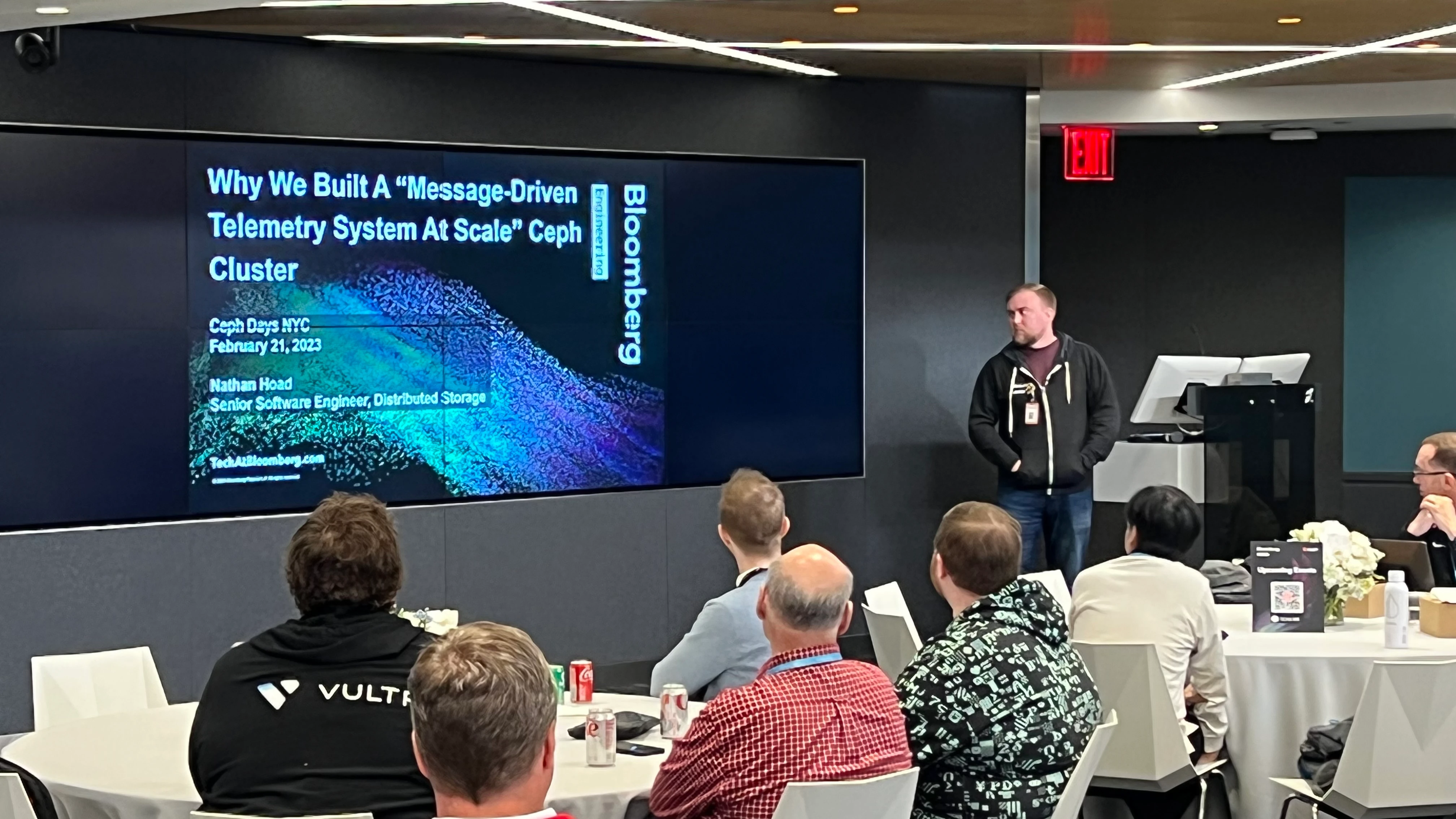 IMG_3722 Senior Software Engineer Nathan Hoad of Bloomberg's Storage Engineering team talking about why Bloomberg built a “Message-Driven Telemetry System At Scale” for our Ceph clusters during Ceph Days NYC, hosted at Bloomberg's Park Avenue office