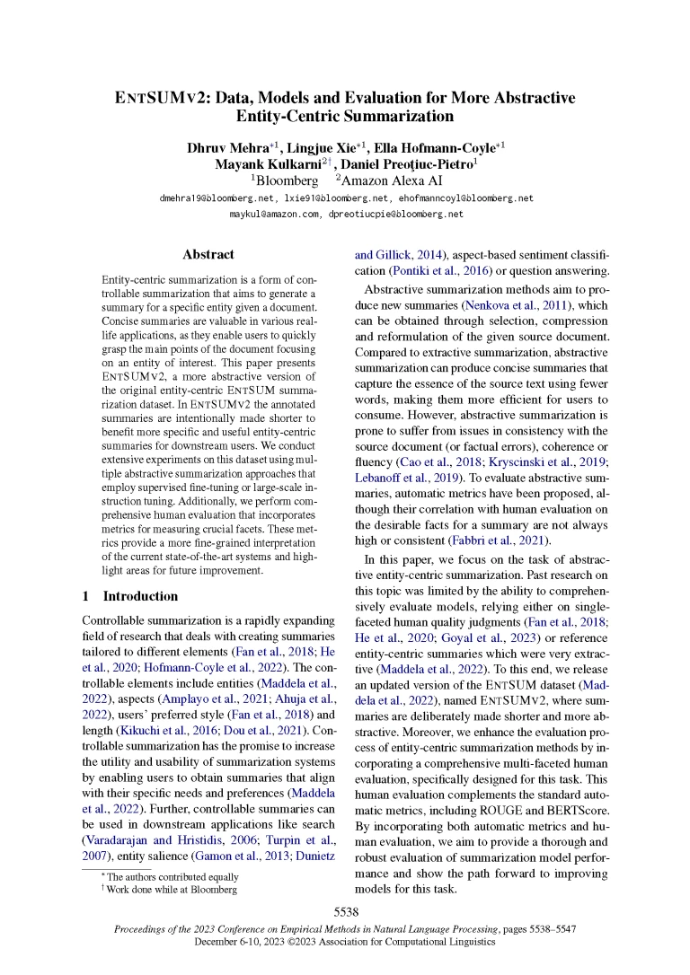2023.emnlp-main.337-EntSUMv2_Page_01 Front page of EMNLP 2023 paper "ENTSUMV2: Data, Models and Evaluation for More Abstractive Entity-Centric Summarization"