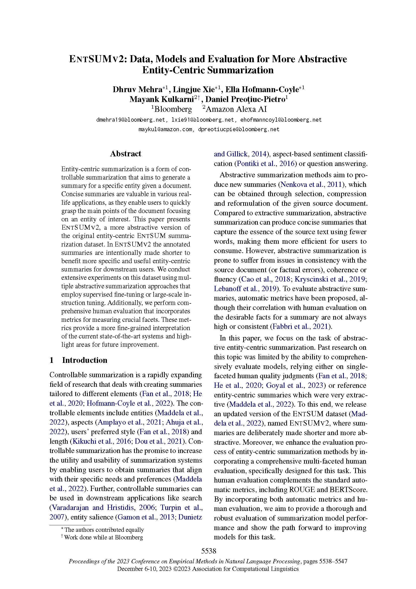 Front page of EMNLP 2023 paper "ENTSUMV2: Data, Models and Evaluation for More Abstractive Entity-Centric Summarization"