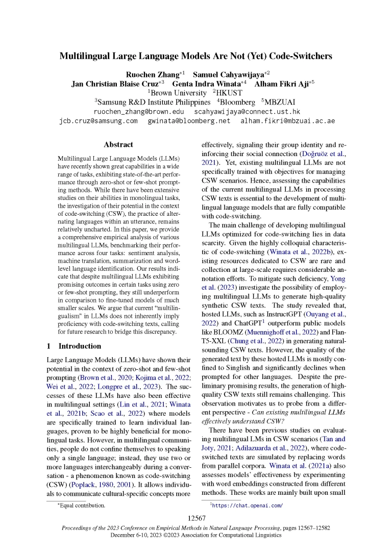 2023.emnlp-main.774-Multilingual-Large-Language-Models-Are-Not-Yet-Code-Switchers_Page_01 Front page of EMNLP 2023 paper "Multilingual Large Language Models Are Not (Yet) Code-Switchers"
