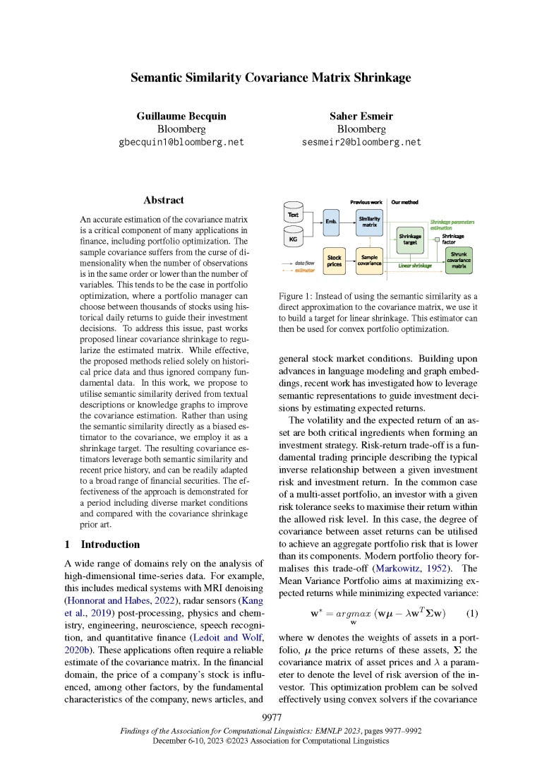 Front page of Findings of EMNLP 2023 paper "Semantic Similarity Covariance Matrix Shrinkage"