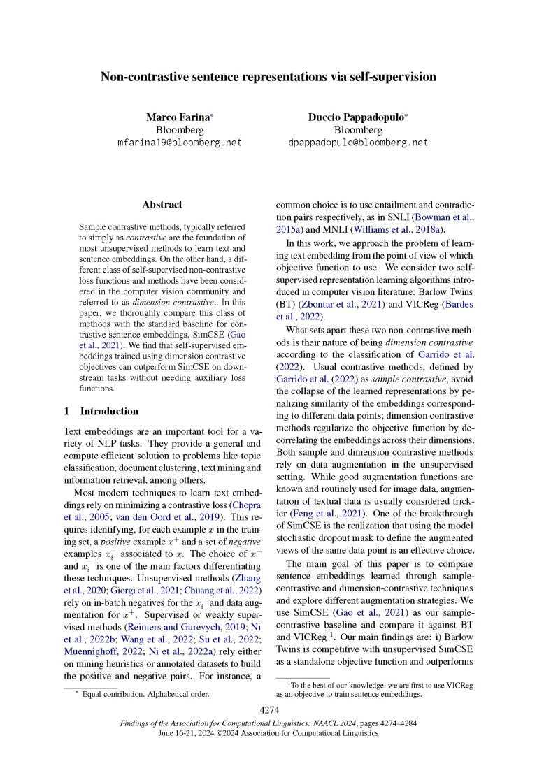 2024.findings-naacl.266_Page_01 Front page of paper published at NAACL 2024 titled "Non-contrastive sentence representations via self-supervision"