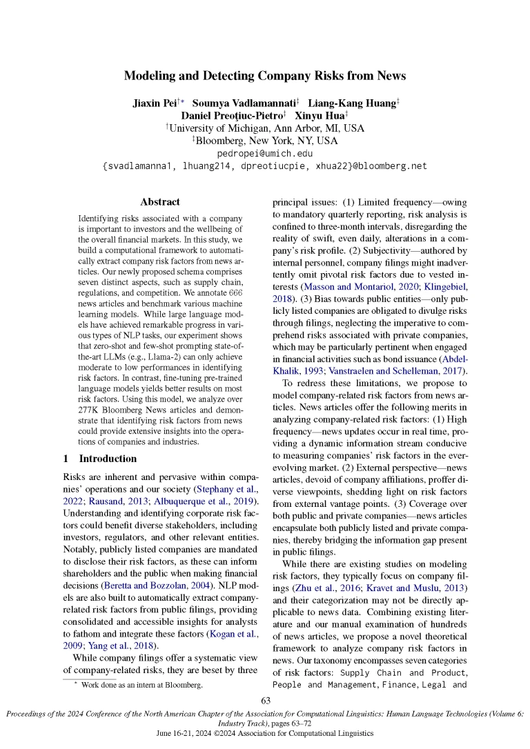 2024.naacl-industry.6_Page_01 Front page of paper published at NAACL 2024 titled "Modeling and Detecting Company Risks from News"