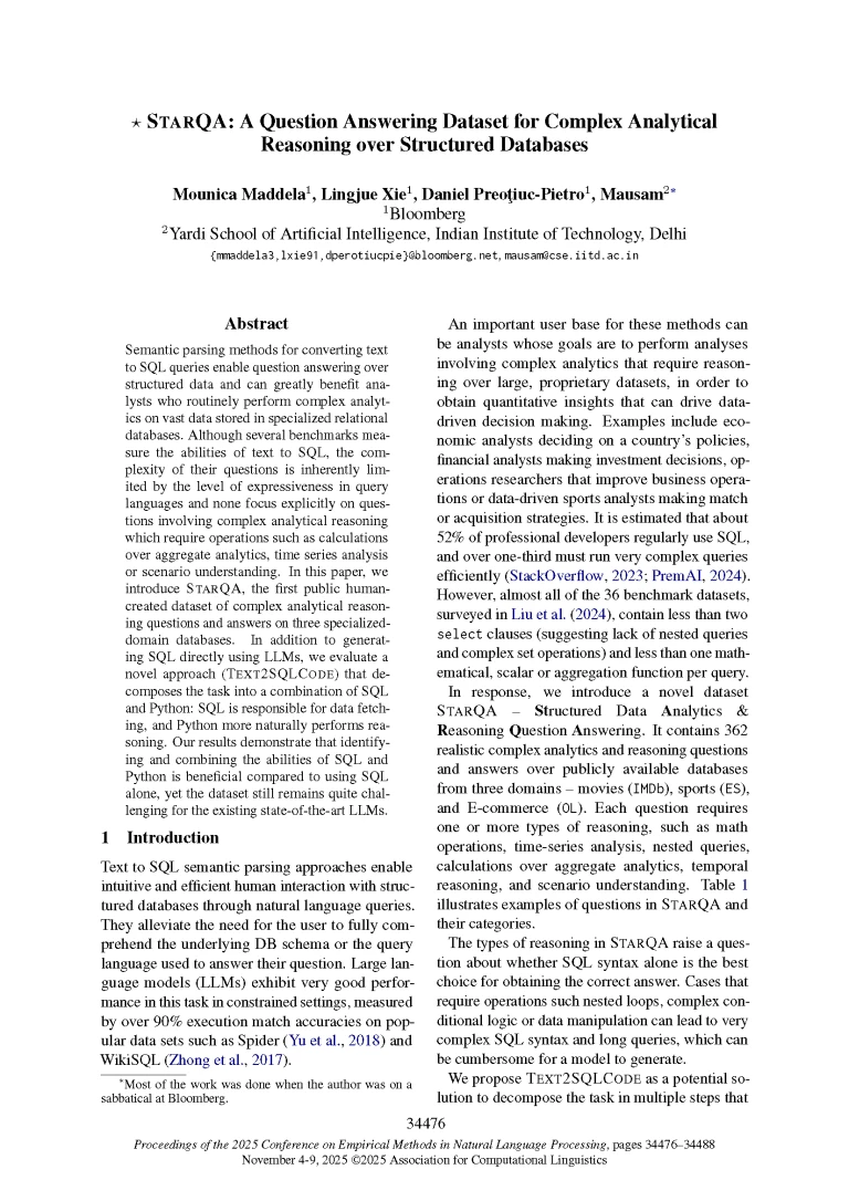 2025.emnlp-main.1749_Page_01 Front page of paper published at EMNLP 2025 titled "STARQA: A Question Answering Dataset for Complex Analytical Reasoning over Structured Databases"
