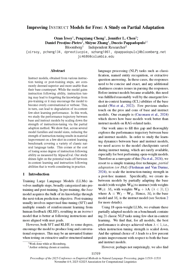 2025.emnlp-main.581_Page_01 Front page of paper published at EMNLP 2025 titled "Improving Instruct Models for Free: A Study on Partial Adaptation"